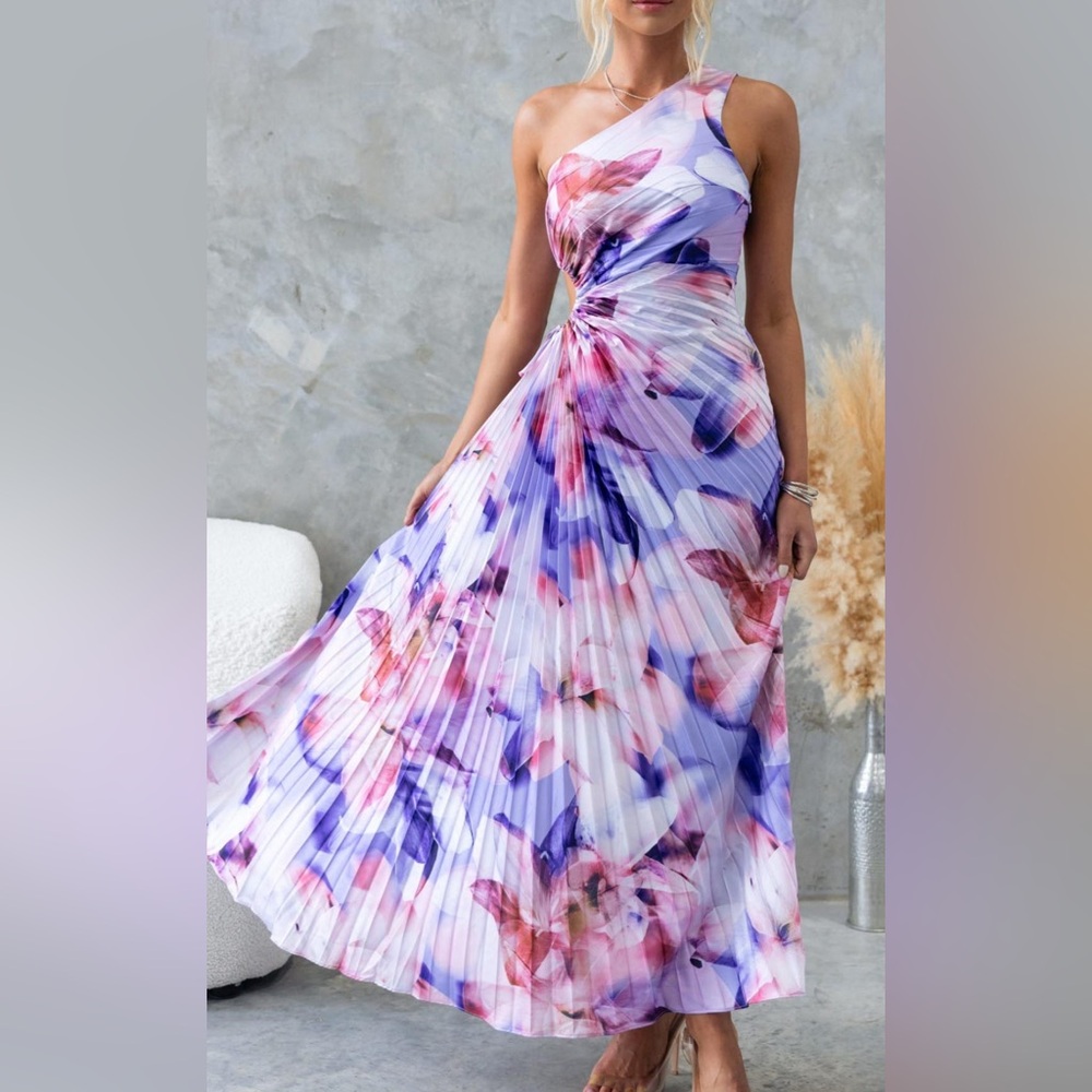 Floral Pleated Maxi Dress - Purple and Pink